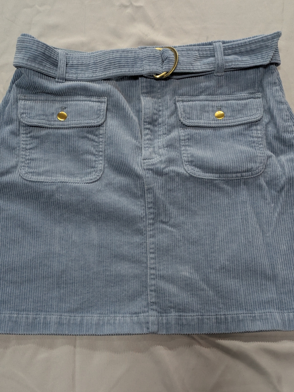 Corduroy Loft Belted Mini Skirt Size 10 Front Flap Pockets Gold Hardware Blue